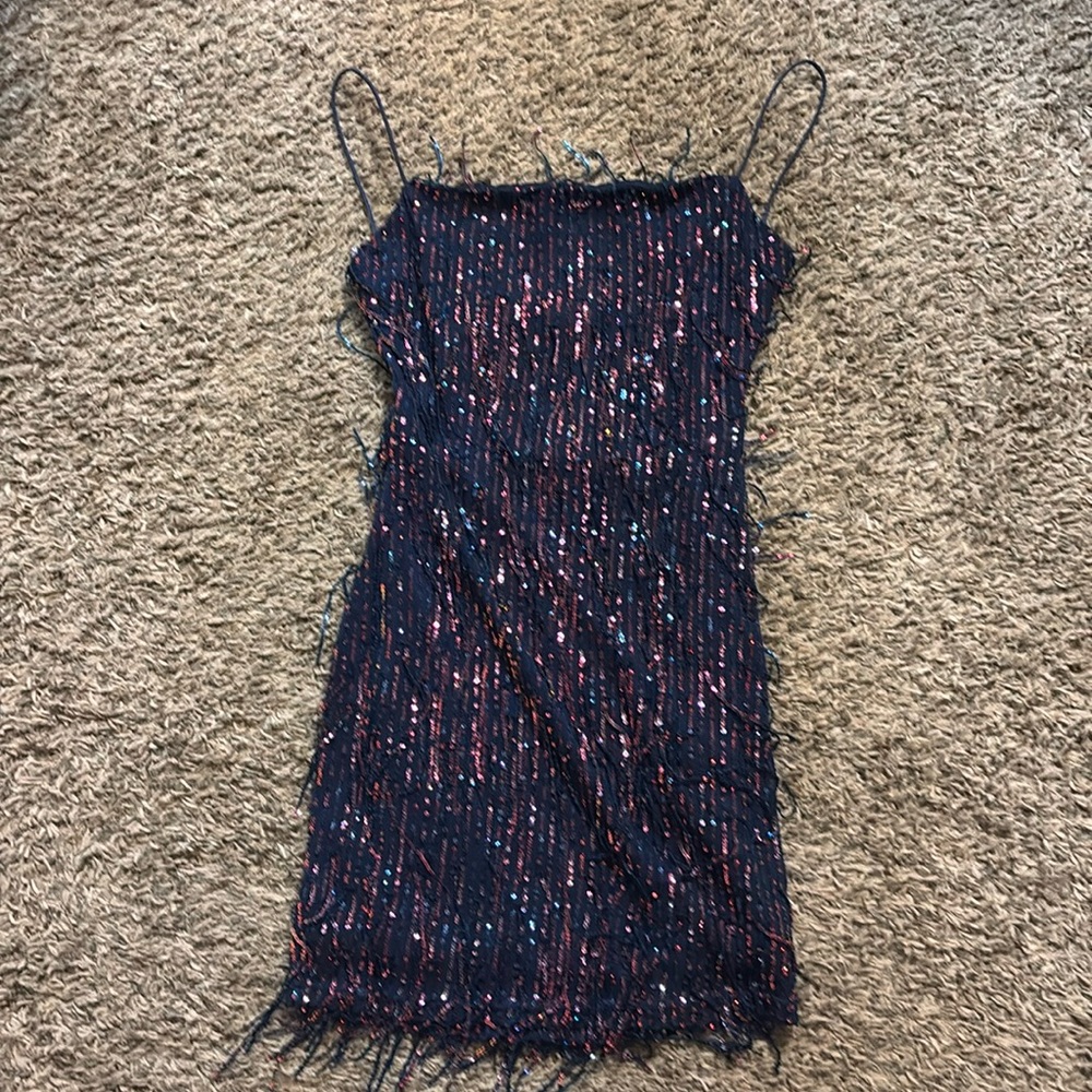 Windsor blue dress with sequin fringe